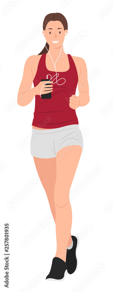 Cartoon people character design healthy woman jogging and listening to the music in the same time Cartoon people character design healthy woman jogging and listening to the music in the same time