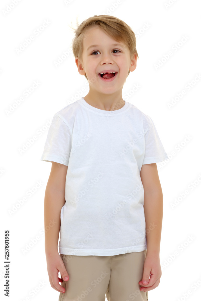 Emotional little boy in a pure white t-shirt. Emotional little boy in a pure white t-shirt.