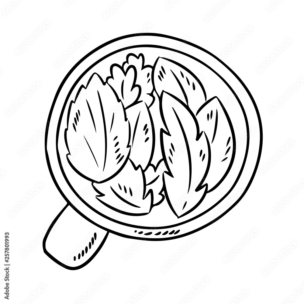 Cup of herbal tea. Hand drawn cartoon style tea leaves drink. Cute doodle sketch