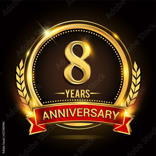 Celebrating 8th years anniversary logo with golden ring and red ribbon.