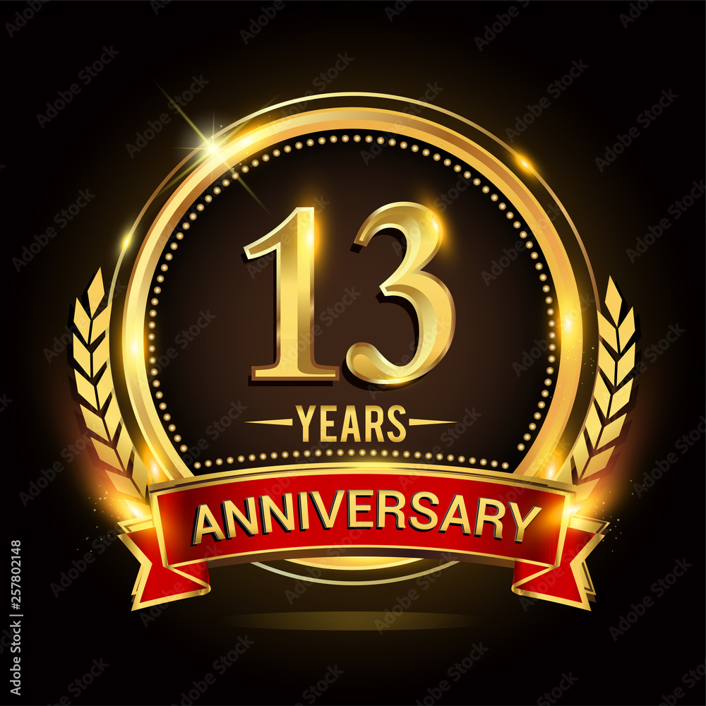 Celebrating 13th years anniversary logo with golden ring and red ribbon. Celebrating 13th years anniversary logo with golden ring and red ribbon.