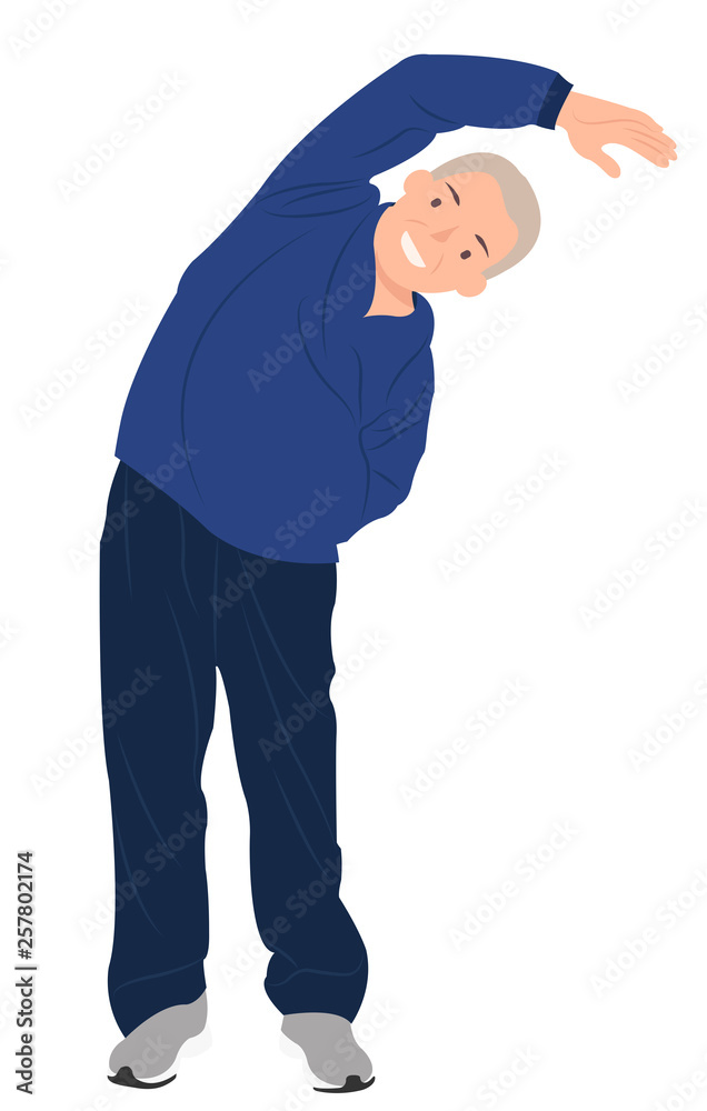 Cartoon people character design senior old man exercising stretching to one side