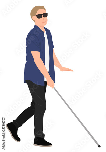 Cartoon people character design blind young man walk with a walking cane