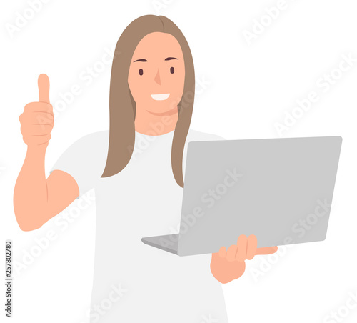 Cartoon people character design young woman holding laptop and showing thumbs up happily