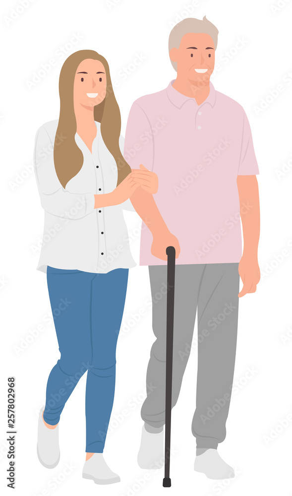 Cartoon people character design young daughter holding elderly father's arm walking together happily Cartoon people character design young daughter holding elderly father's arm walking together happily