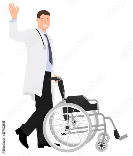 Cartoon people character design handsome young male doctor waving and pushing a empty wheelchair