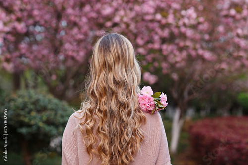 Beautiful young woman with long curly blonde hair from behind holding blooming branch of sakura tree