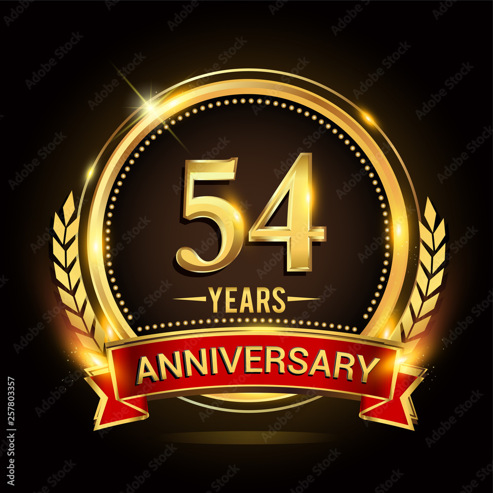 Celebrating 54th years anniversary logo with golden ring and red ribbon. Celebrating 54th years anniversary logo with golden ring and red ribbon.