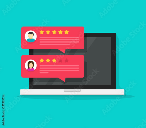 Computer with customer review rating chat messages vector illustration, flat cartoon design of laptop pc display and online reviews or client testimonials, experience or feedback, rating stars