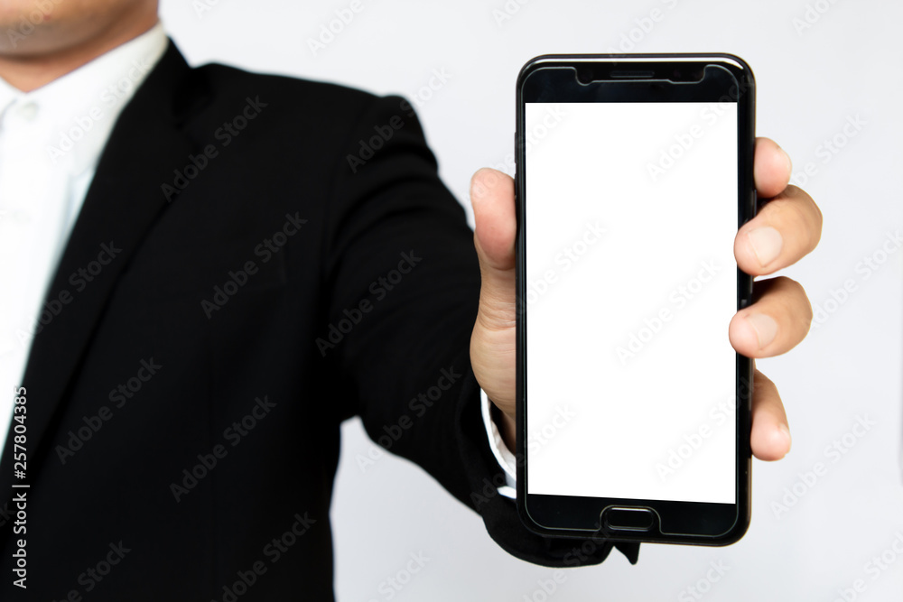 Male hand holding a smartphone on white background, business concept. Male hand holding a smartphone on white background, business concept.