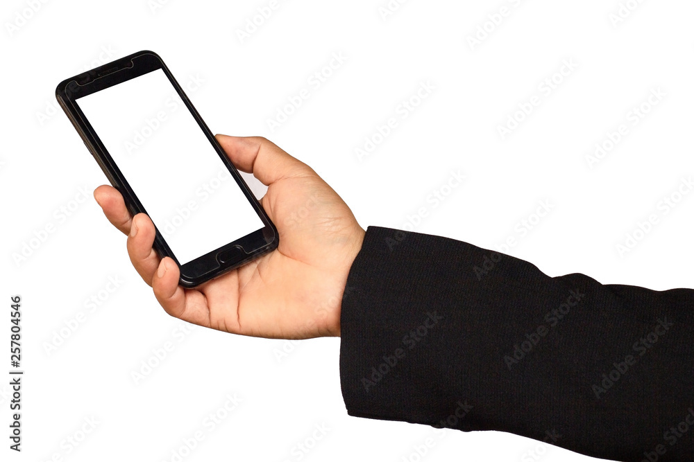 Male hand holding a  smartphone on white background, business concept.