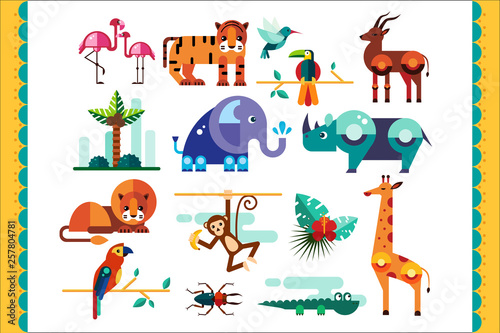 Jungle animals, birds and plants set, summer tropical elements, flamingo, tiger, gazelle, elephant, rhinoceros, monkey, lion, parrot, crocodile, giraffe vector Illustrations