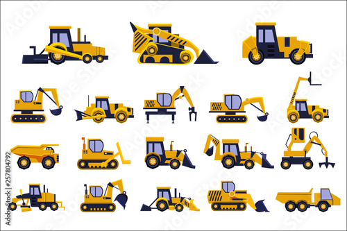 Different types of construction trucks set, heavy equipment, construction vehicles vector Illustrations on a white background