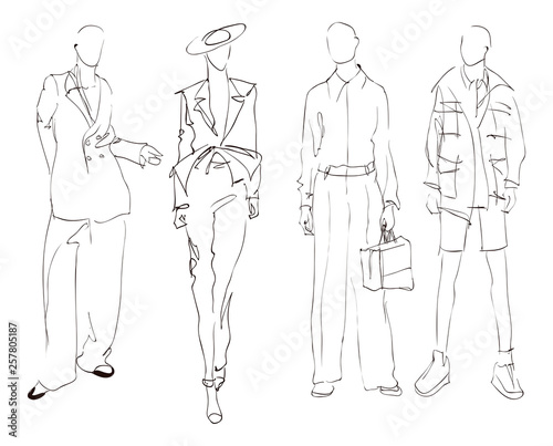 Stylish fashion models. Pretty young men and woman. Fashion womans Sketch