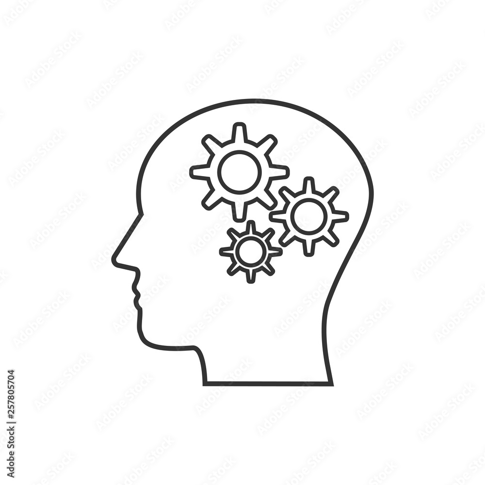 Head, gear, solution idea icon. Vector illustration, flat design.