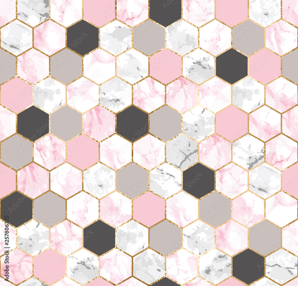 Seamless abstract geometric pattern with gold lines, pink and gray marble hexagons