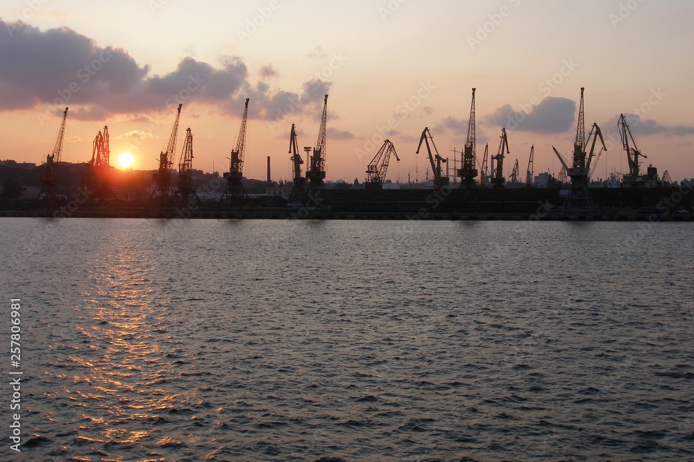 Cranes in the cargo port in Odessa at sunset