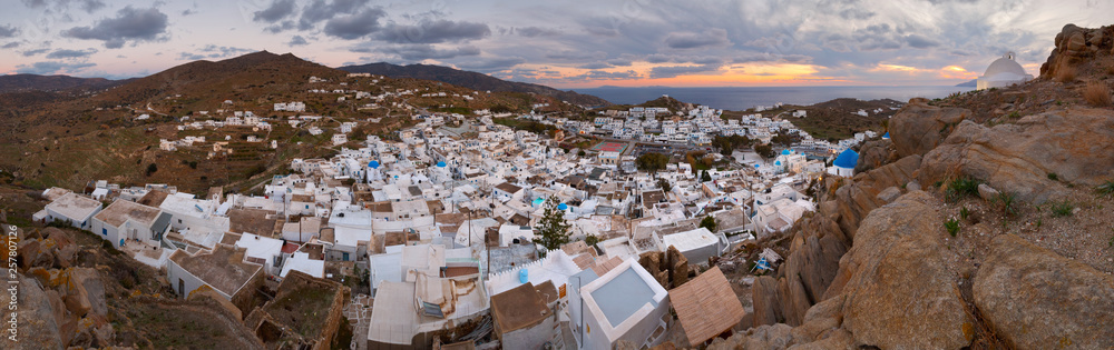 Panoramic evening view of the Chora village on Ios island, Greece. 