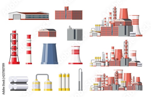 Factory icon set. Industrial factory, power plant. Pipes, buildings, warehouse, storage tank. Vector illustration in flat style