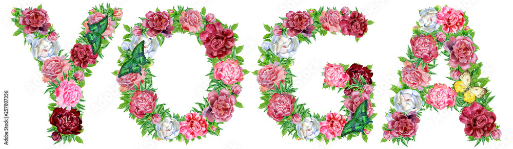 Word YOGA of watercolor peonies flowers and butterflies