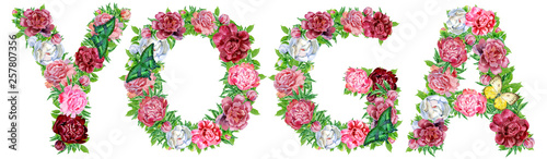 Word YOGA of watercolor peonies flowers and butterflies