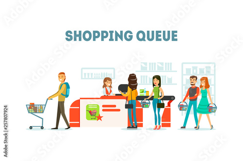 Shopping Queue, People Purchasing in Supermarket, Queue of Different People in Grocery Store Vector Illustration