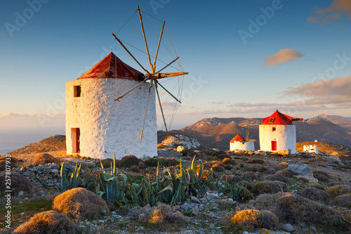 Traditional windmills near Chora village on Amorgos island in Greece. 