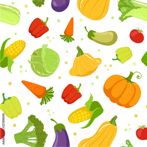 Fototapeta Naklejka Na Ścianę i Meble -  Colorful Farm Fresh Vegetables Seamless Pattern, Healthy Food Vector Illustration