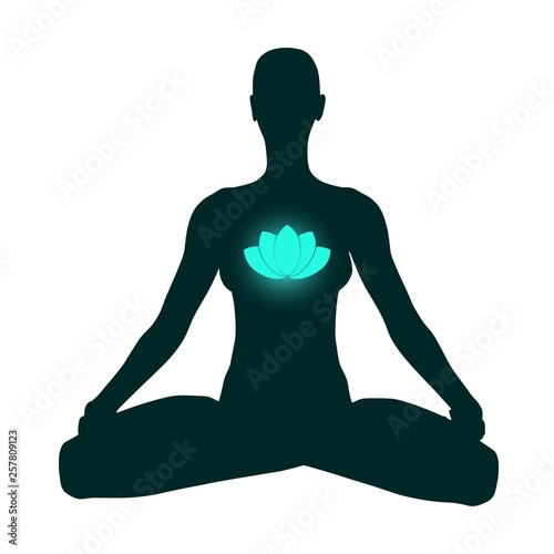 Woman sit in meditation pose. Cutout silhouette. Lotus flower icon