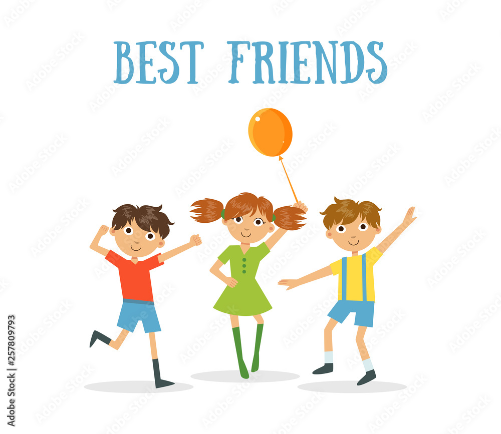 Best Friends Banner, Two Happy Boys and Girl Having Fun Vector Illustration Best Friends Banner, Two Happy Boys and Girl Having Fun Vector Illustration