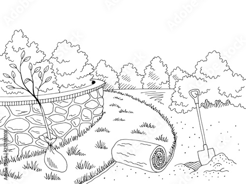 Garden construction graphic black white landscape sketch illustration vector