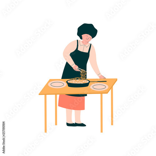 Female Cook Preparing and Serving Dish on Table, Professional Kitchener Character in Uniform Vector Illustration
