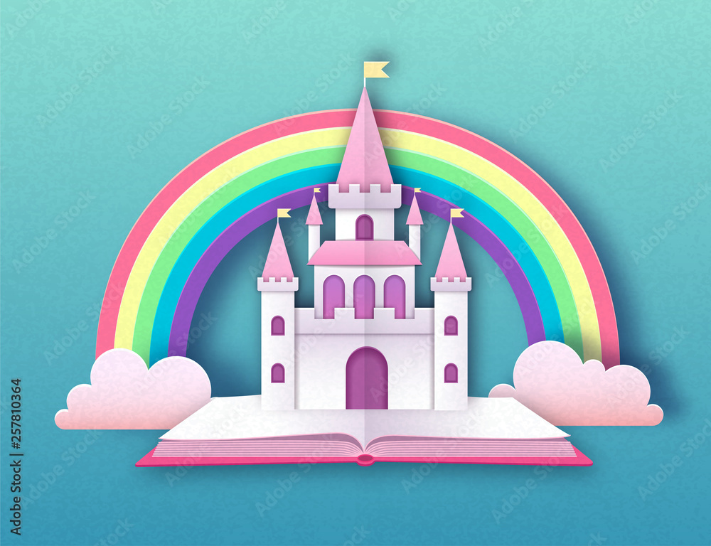 Open fairy tale book with castle and rainbow. Cut out paper art style design. Origami