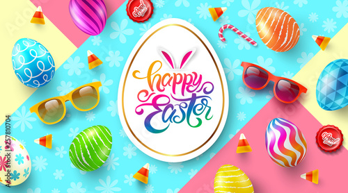 Happy Easter Day Poster and template with colorful Painted Easter Eggs.Handwriting inscription Happy Easter Day.Promotion and shopping template for Easter Day.Vector illustration EPS10
