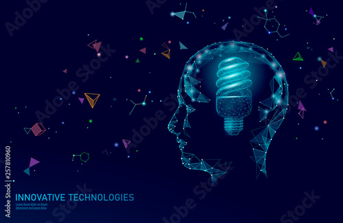 Human brain IQ smart business concept. Fluorescent lamp ecology idea brain power. Brainstorm creative idea project work low poly polygonal vector illustration