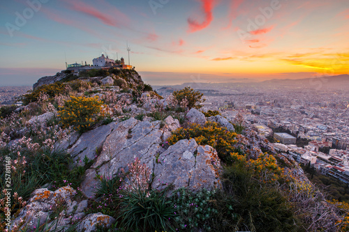 View of Athens from Lycabettus hill at sunset, Greece. 