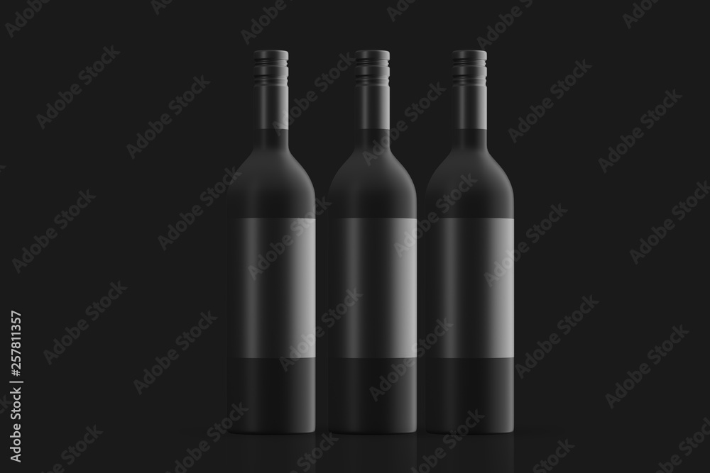 Three frosted glass bottles with black beverage labels. Mock up. 3d rendering
