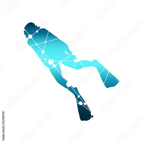 Silhouette of diver. Icon diver. The concept of sport diving. Textured by connected lines with dots.
