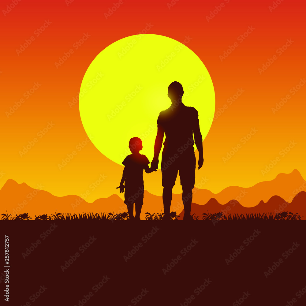 Nature, mountains, hills and sunset. Father and son camping. Silhouette of people on the sun background. Spring family picnic trip. Summer travel with a child. Nature, mountains, hills and sunset. Father and son camping. Silhouette of people on the sun background. Spring family picnic trip. Summer travel with a child.