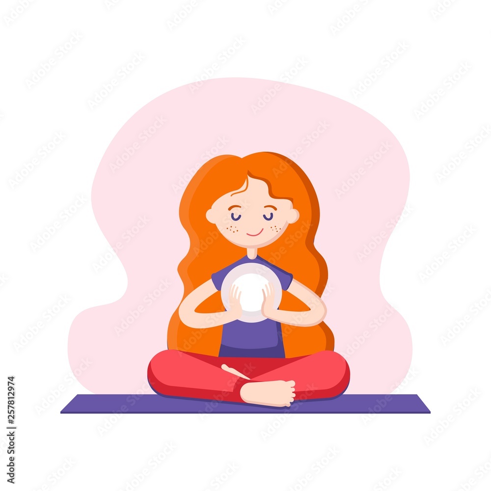 Character of young red-haired girl in the lotus position in flat style, Character of young red-haired girl in the lotus position in flat style,