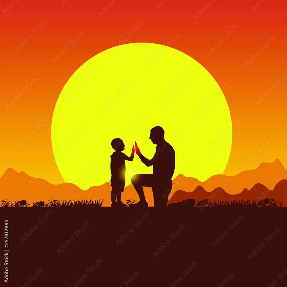 Concept of spring family picnic trip. Summer travel with a child. Father and son camping. Silhouette of people on the sun background. Nature, mountains, hills and sunset.
