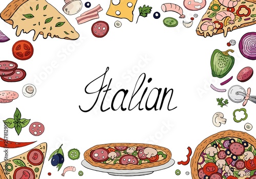 Set of hand drawn italian food elements isolated on white background