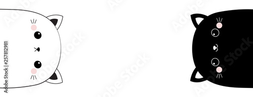 White and black cat head face line contour silhouette icon set. Cute cartoon funny character. Funny kawaii smiling animal. Pet collection. Pink blush cheeks. Flat design. Baby background.