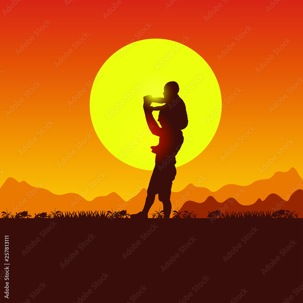 Concept of nature, mountains, hills and sunset. Summer travel with a child. Father and son camping. Silhouette of people on the sun background. Spring family picnic trip