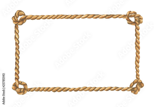 Watercolor painting of Brown rope frame with knots isolated on white background.