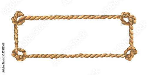 Watercolor painting of Brown rope frame with knots isolated on white background.