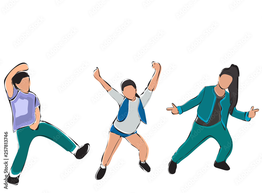 white background, sketch multicolored kids dancing
