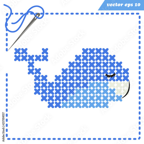 crosstiched blue whale with framle and needle