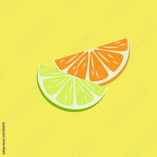Lime and orange slices on a blue background, flat design, background