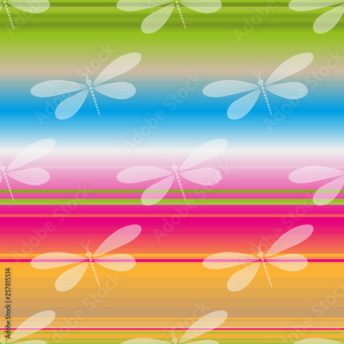 Bright striped seamless pattern with white translucent dragonflies